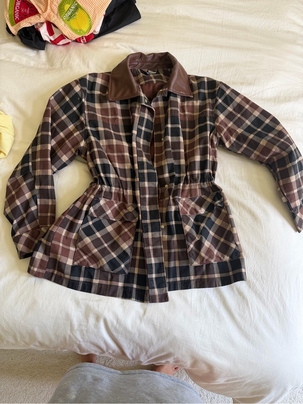 H&M Plaid Utility Jacket with Brown Faux Leather Collar